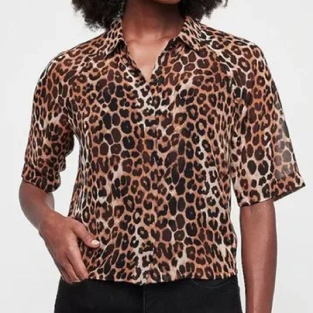Express Size M sheer leopard print cropped button down blouse